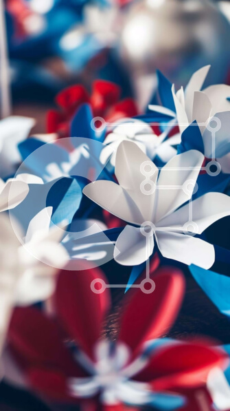 Intra Συλλεκτικό Ξύλινο Παζλ Plywood  4mm - Κόκκινα, λευκά και μπλε λουλούδια από χαρτί σε ένα τραπέζι Σε Ξύλινο Κουτί - Διαστάσεις Puzzle: 10x10 cm – 25 κομμάτια