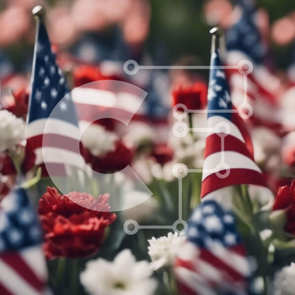 Intra Συλλεκτικό Ξύλινο Παζλ Plywood  4mm - Επίδειξη πατριωτικών αμερικανικών σημαιών και λουλουδιών Σε Ξύλινο Κουτί - Διαστάσεις: 10x10 cm – 25 κομμάτια