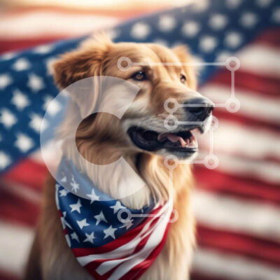 Intra Συλλεκτικό Ξύλινο Παζλ Plywood  4mm - Χρυσός σκύλος με την αμερικανική σημαία Μπαντάνα μπροστά από την αμερικανική σημαία Σε Ξύλινο Κουτί - Διαστάσεις: 10x10 cm – 25 κομμάτια - Image 1