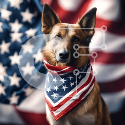 Intra Συλλεκτικό Ξύλινο Παζλ Plywood  4mm - Γερμανικός Ποιμενικός σκύλος με αμερικανική σημαία Bandana στις 4 Ιουλίου Σε Ξύλινο Κουτί - Διαστάσεις: 10x10 cm – 25 κομμάτια - Image 1