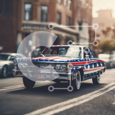 Intra Συλλεκτικό Ξύλινο Παζλ Plywood 4mm - Κόκκινο, λευκό και μπλε αυτοκίνητο με σχέδιο αμερικανικής σημαίας Σε Ξύλινο Κουτί - Διαστάσεις Puzzle: 10x10 cm – 25 κομμάτια - Image 1