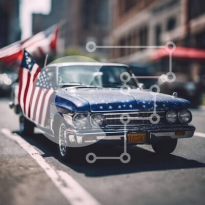 Intra Συλλεκτικό Ξύλινο Παζλ Plywood  4mm - Κλασικό μπλε αυτοκίνητο με αμερικανική σημαία στην οδό Σε Ξύλινο Κουτί - Διαστάσεις Puzzle: 10x10 cm – 25 κομμάτια - Image 1