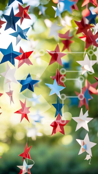 Intra Συλλεκτικό Ξύλινο Παζλ Plywood  4mm - Κόκκινα, λευκά και μπλε χάρτινα αστέρια που κρέμονται από δέντρα Σε Ξύλινο Κουτί - Διαστάσεις: 10x10 cm – 25 κομμάτια