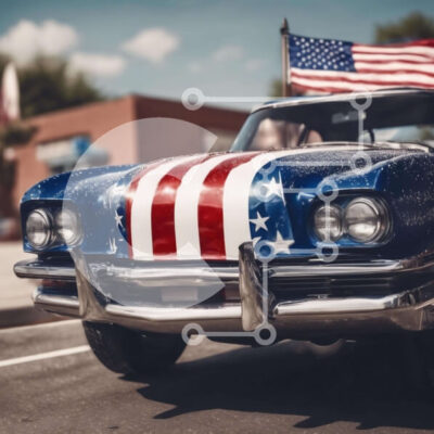 Intra Συλλεκτικό Ξύλινο Παζλ Plywood  4mm - Κλασικό αυτοκίνητο με αμερικανική σημαία στην οδό Σε Ξύλινο Κουτί - Διαστάσεις Puzzle: 10x10 cm – 25 κομμάτια - Image 1