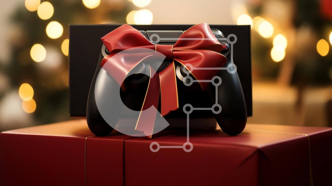 Intra Συλλεκτικό Ξύλινο Παζλ Plywood  4mm - Εορταστικό χειριστήριο Xbox με κόκκινο φιόγκο και κουτί δώρου Σε Ξύλινο Κουτί - Διαστάσεις Puzzle: 10x10 cm – 25 κομμάτια