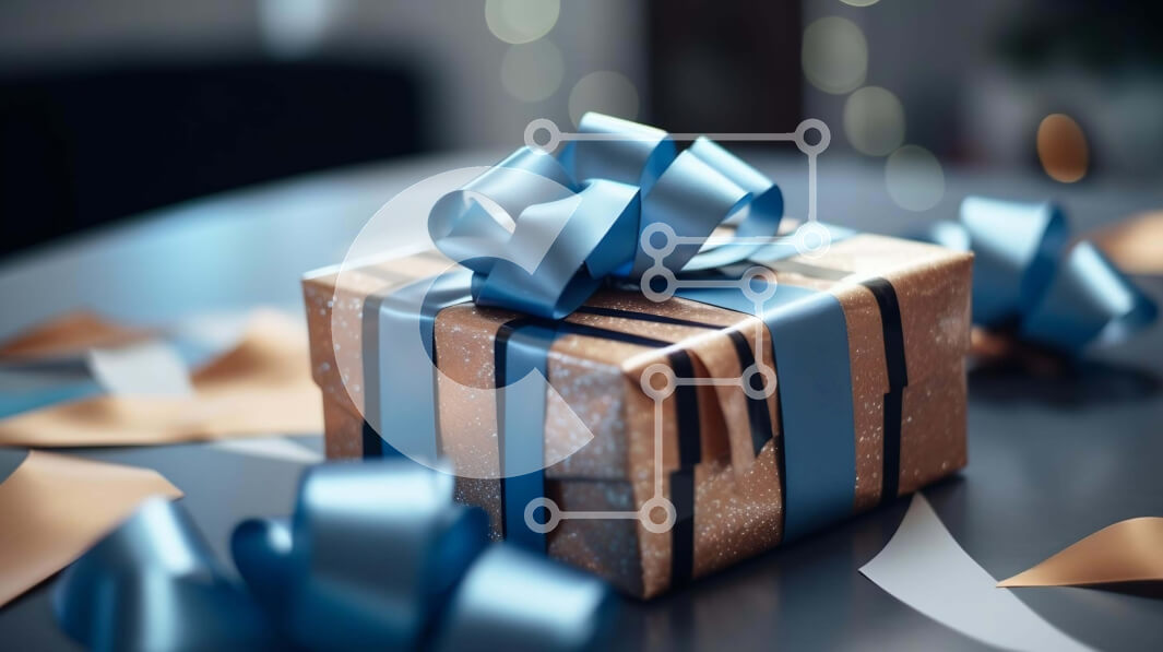 Intra Συλλεκτικό Ξύλινο Παζλ Plywood  4mm - Καφέ Κουτί δώρου με μπλε κορδέλες και σκόρπια χαρτιά Σε Ξύλινο Κουτί - Διαστάσεις Puzzle: 10x10 cm – 25 κομμάτια