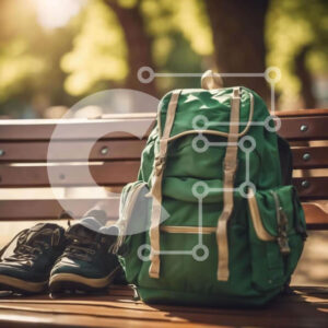 Intra Συλλεκτικό Ξύλινο Παζλ Plywood  4mm - Πράσινο σακίδιο πλάτης και μαύρα παπούτσια σε ξύλινο πάγκο στο πάρκο Σε Ξύλινο Κουτί - Διαστάσεις Puzzle: 10x10 cm – 25 κομμάτια