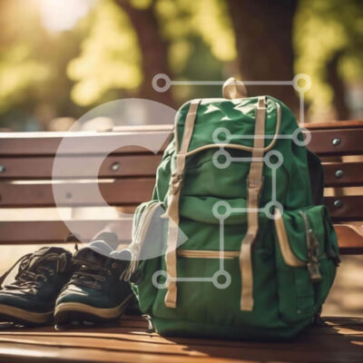 Intra Συλλεκτικό Ξύλινο Παζλ Plywood 4mm - Πράσινο σακίδιο πλάτης και μαύρα παπούτσια σε ξύλινο πάγκο στο πάρκο Σε Ξύλινο Κουτί - Διαστάσεις Puzzle: 10x10 cm – 25 κομμάτια - Image 1