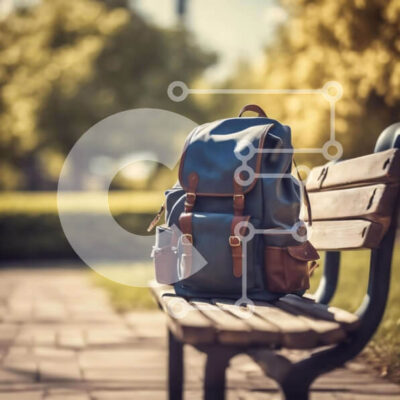 Intra Συλλεκτικό Ξύλινο Παζλ Plywood  4mm - Μπλε σακίδιο πλάτης σε ξύλινο πάγκο στο πάρκο Σε Ξύλινο Κουτί - Διαστάσεις Puzzle: 10x10 cm – 25 κομμάτια - Image 1