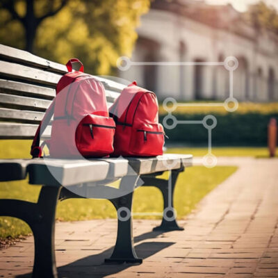 Intra Συλλεκτικό Ξύλινο Παζλ Plywood  4mm - Κόκκινα σακίδια πλάτης σε έναν ξύλινο πάγκο στο πάρκο Σε Ξύλινο Κουτί - Διαστάσεις Puzzle: 10x10 cm – 25 κομμάτια - Image 1