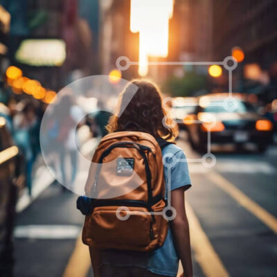 Intra Συλλεκτικό Ξύλινο Παζλ Plywood  4mm - Νεαρή γυναίκα που περπατά στην πόλη με πορτοκαλί σακίδιο Σε Ξύλινο Κουτί - Διαστάσεις Puzzle: 10x10 cm – 25 κομμάτια - Image 1