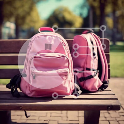 Intra Συλλεκτικό Ξύλινο Παζλ Plywood  4mm - Δύο ροζ σακίδια πλάτης σε ξύλινο πάγκο στο πάρκο Σε Ξύλινο Κουτί - Διαστάσεις Puzzle: 10x10 cm – 25 κομμάτια - Image 1