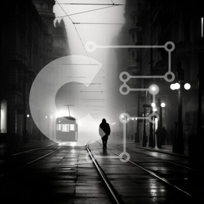 Intra Συλλεκτικό Ξύλινο Παζλ Plywood  4mm - Πρόσωπο που περπατά στην Misty City Street με τρόλεϊ Σε Ξύλινο Κουτί - Διαστάσεις Puzzle: 10x10 cm – 25 κομμάτια - Image 1