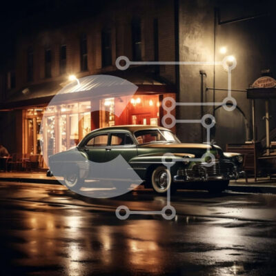 Intra Συλλεκτικό Ξύλινο Παζλ Plywood 4mm - Παλιό πράσινο αυτοκίνητο παρκαρισμένο έξω από το εστιατόριο τη νύχτα Σε Ξύλινο Κουτί - Διαστάσεις Puzzle: 10x10 cm – 25 κομμάτια - Image 1