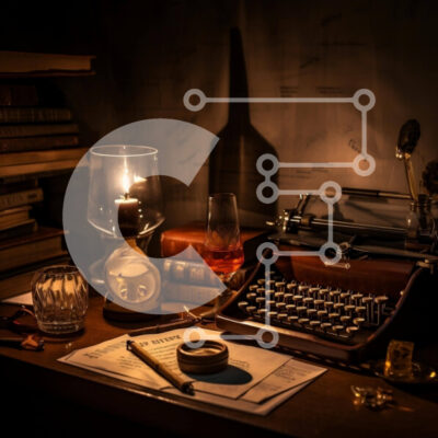 Intra Συλλεκτικό Ξύλινο Παζλ Plywood  4mm - Ρύθμιση Dark Desk με γραφομηχανή, βιβλία και κερί Σε Ξύλινο Κουτί - Διαστάσεις Puzzle: 10x10 cm – 25 κομμάτια - Image 1