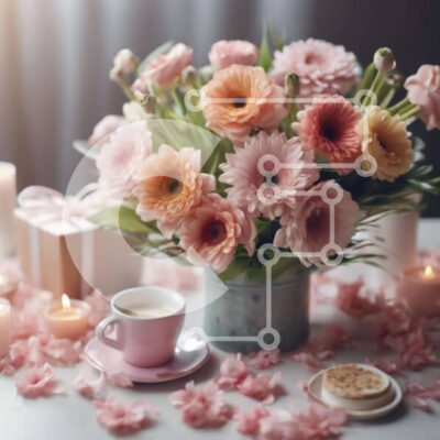 Intra Συλλεκτικό Ξύλινο Παζλ Plywood 4mm - Γοητευτικό σετ για καφέ και δώρο με ροζ λουλούδια Σε Ξύλινο Κουτί - Διαστάσεις: 10x10 cm – 25 κομμάτια - Image 1