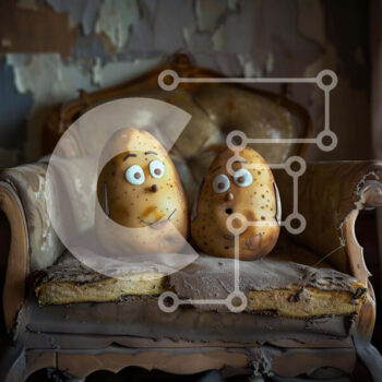 Intra Συλλεκτικό Ξύλινο Παζλ Plywood  4mm - Δύο χαμογελαστές πατάτες σε μια καρέκλα σε ένα παλιό, φθαρμένο δωμάτιο Σε Ξύλινο Κουτί - Διαστάσεις Puzzle: 10x10 cm – 25 κομμάτια - Image 1