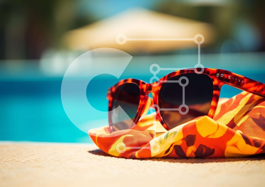 Intra Συλλεκτικό Ξύλινο Παζλ Plywood  4mm - Γυαλιά ηλίου σε πορτοκαλί πετσέτα κοντά στην πισίνα Σε Ξύλινο Κουτί - Διαστάσεις Puzzle: 10x10 cm – 25 κομμάτια