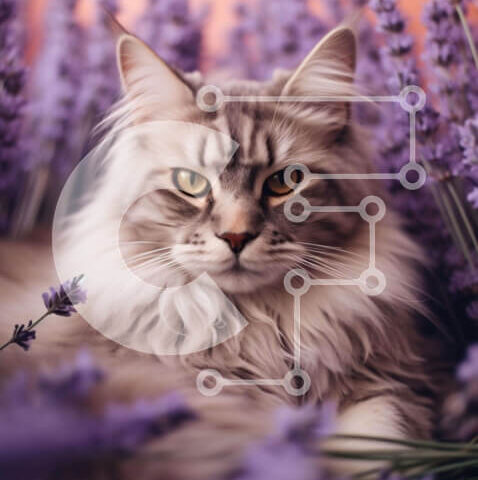 Intra Συλλεκτικό Ξύλινο Παζλ Plywood 4mm - Γκρι και λευκή γάτα με λουλούδια λεβάντας Σε Ξύλινο Κουτί - Διαστάσεις: 10x10 cm – 25 κομμάτια - Image 1