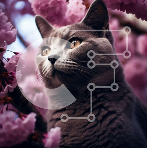 Intra Συλλεκτικό Ξύλινο Παζλ Plywood  4mm - Γκρίζα γάτα σε κλαδί δέντρου με ροζ άνθη Σε Ξύλινο Κουτί - Διαστάσεις: 10x10 cm – 25 κομμάτια - Image 1