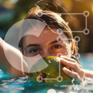 Intra Συλλεκτικό Ξύλινο Παζλ Plywood  4mm - Γυναίκα που κολυμπά στην πισίνα με την πράσινη καρύδα Σε Ξύλινο Κουτί - Διαστάσεις Puzzle: 10x10 cm – 25 κομμάτια