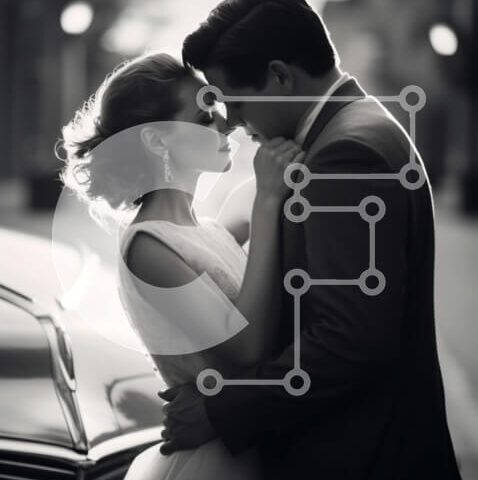 Intra Συλλεκτικό Ξύλινο Παζλ Plywood 4mm - Νεόνυμφο ζευγάρι αγκαλιάζεται μπροστά από vintage αυτοκίνητο Σε Ξύλινο Κουτί - Διαστάσεις Puzzle: 10x10 cm – 25 κομμάτια - Image 1