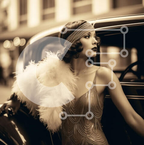 Intra Συλλεκτικό Ξύλινο Παζλ Plywood  4mm - Κομψή γυναίκα που ακουμπάει σε παλιομοδίτικο αυτοκίνητο Σε Ξύλινο Κουτί - Διαστάσεις Puzzle: 10x10 cm – 25 κομμάτια - Image 1