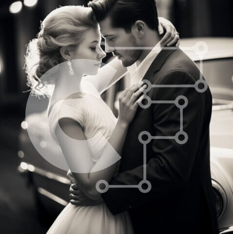 Intra Συλλεκτικό Ξύλινο Παζλ Plywood 4mm - Ρομαντικό ζευγάρι αγκαλιά με Vintage Car Σε Ξύλινο Κουτί - Διαστάσεις Puzzle: 10x10 cm – 25 κομμάτια - Image 1