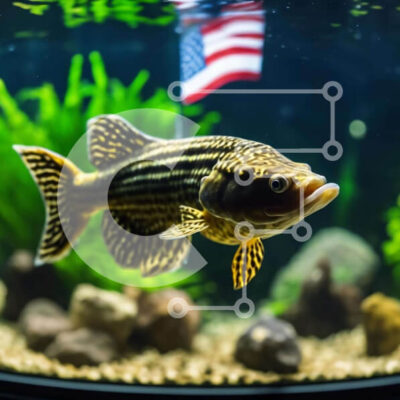 Intra Συλλεκτικό Ξύλινο Παζλ Plywood  4mm - Υγιή ψάρια που κολυμπούν στο ενυδρείο με φόντο την αμερικανική σημαία Σε Ξύλινο Κουτί - Διαστάσεις: 10x10 cm – 25 κομμάτια - Image 1