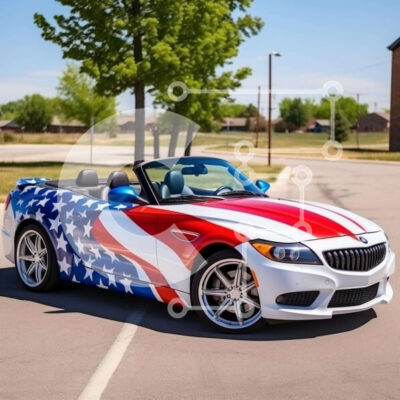 Intra Συλλεκτικό Ξύλινο Παζλ Plywood 4mm - Πατριωτικό BMW Z4 Roadster με αμερικανική σημαία Σε Ξύλινο Κουτί - Διαστάσεις Puzzle: 10x10 cm – 25 κομμάτια - Image 1