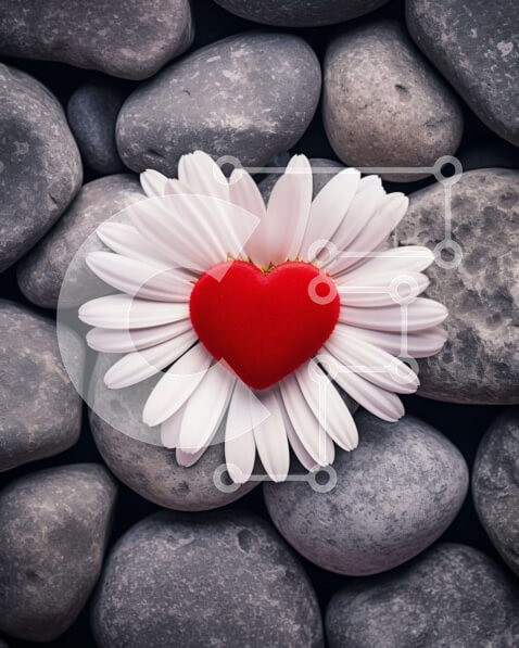 Intra Συλλεκτικό Ξύλινο Παζλ Plywood  4mm - Κόκκινο λουλούδι μαργαρίτας σε σχήμα καρδιάς σε γκρίζους βράχους Σε Ξύλινο Κουτί - Διαστάσεις: 10x10 cm – 25 κομμάτια