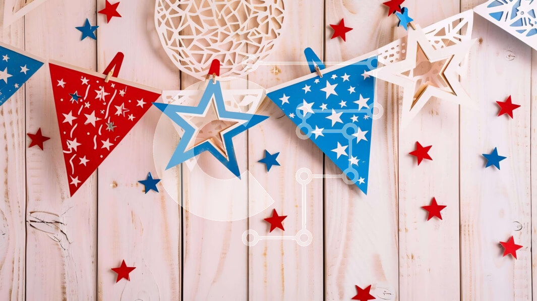 Intra Συλλεκτικό Ξύλινο Παζλ Plywood  4mm - Κόκκινη, άσπρη και μπλε χάρτινη γιρλάντα με αστέρια και κορδόνια Σε Ξύλινο Κουτί - Διαστάσεις Puzzle: 10x10 cm – 25 κομμάτια