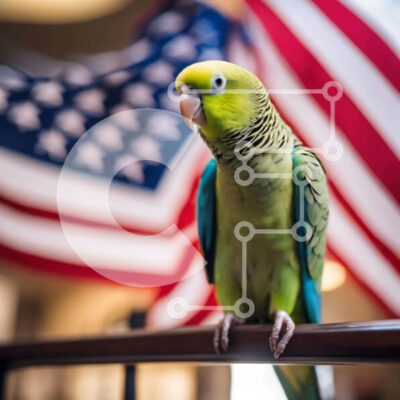 Intra Συλλεκτικό Ξύλινο Παζλ Plywood  4mm - Πράσινος και κίτρινος παπαγάλος στο κιγκλίδωμα με αμερικανική σημαία Σε Ξύλινο Κουτί - Διαστάσεις: 10x10 cm – 25 κομμάτια - Image 1
