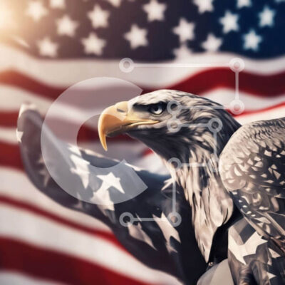 Intra Συλλεκτικό Ξύλινο Παζλ Plywood  4mm - Αετός με τεντωμένα φτερά μπροστά από την αμερικανική σημαία Σε Ξύλινο Κουτί - Διαστάσεις: 10x10 cm – 25 κομμάτια - Image 1