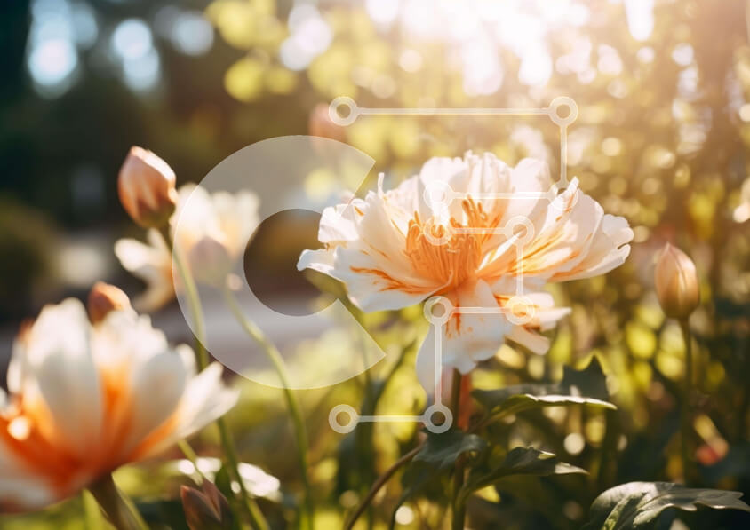 Intra Συλλεκτικό Ξύλινο Παζλ Plywood  4mm - Ηλιόλουστος κήπος με λευκά και πορτοκαλί λουλούδια Σε Ξύλινο Κουτί - Διαστάσεις: 10x10 cm – 25 κομμάτια