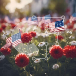 Intra Συλλεκτικό Ξύλινο Παζλ Plywood  4mm - Πατριωτικό πεδίο με κόκκινα, λευκά και μπλε λουλούδια και αμερικανικές σημαίες Σε Ξύλινο Κουτί - Διαστάσεις: 10x10 cm – 25 κομμάτια