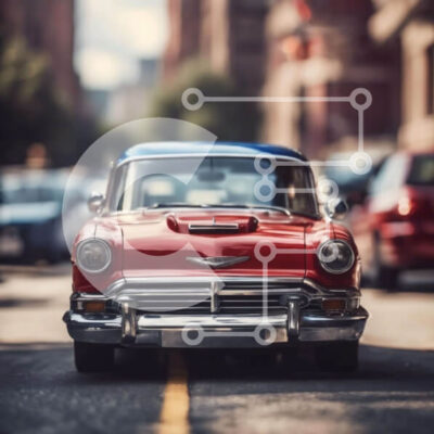 Intra Συλλεκτικό Ξύλινο Παζλ Plywood  4mm - Vintage κόκκινο αυτοκίνητο παρκαρισμένο στην οδό της πόλης Σε Ξύλινο Κουτί - Διαστάσεις Puzzle: 10x10 cm – 25 κομμάτια - Image 1