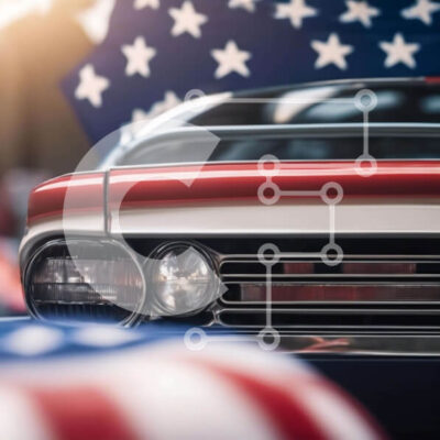 Intra Συλλεκτικό Ξύλινο Παζλ Plywood 4mm - Κλασικό αυτοκίνητο με αμερικανική σημαία Σε Ξύλινο Κουτί - Διαστάσεις Puzzle: 10x10 cm – 25 κομμάτια - Image 1