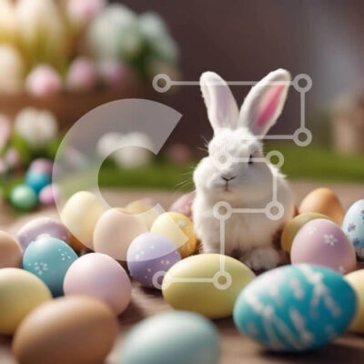 Intra Συλλεκτικό Ξύλινο Παζλ Plywood  4mm - Λευκό Λαγουδάκι που περιβάλλεται από πολύχρωμα Πασχαλινά αυγά Σε Ξύλινο Κουτί - Διαστάσεις Puzzle: 10x10 cm – 25 κομμάτια - Image 1