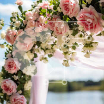 Intra Συλλεκτικό Ξύλινο Παζλ Plywood  4mm - Floral Arch με ροζ και λευκά τριαντάφυλλα δίπλα σε μια ήσυχη λίμνη Σε Ξύλινο Κουτί - Διαστάσεις Puzzle: 10x10 cm – 25 κομμάτια - Image 1