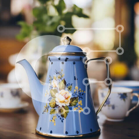 Intra Συλλεκτικό Ξύλινο Παζλ Plywood  4mm - Μπλε τσαγιέρα και φλιτζάνια σε ξύλινο τραπέζι Σε Ξύλινο Κουτί - Διαστάσεις: 10x10 cm – 25 κομμάτια - Image 1