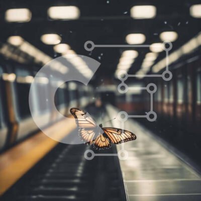 Intra Συλλεκτικό Ξύλινο Παζλ Plywood  4mm - Πεταλούδα σκαρφαλωμένη στον υπόγειο σιδηροδρομικό σταθμό Σε Ξύλινο Κουτί - Διαστάσεις: 10x10 cm – 25 κομμάτια - Image 1