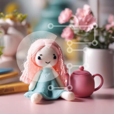 Intra Συλλεκτικό Ξύλινο Παζλ Plywood  4mm - Vintage κούκλα με ροζ μαλλιά και τσαγιέρα Σε Ξύλινο Κουτί - Διαστάσεις: 10x10 cm – 25 κομμάτια - Image 1