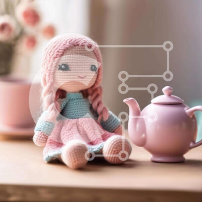 Intra Συλλεκτικό Ξύλινο Παζλ Plywood  4mm - Έκθεση με κροσέ κούκλα και τσαγιέρα αντίκες Σε Ξύλινο Κουτί - Διαστάσεις Puzzle: 10x10 cm – 25 κομμάτια - Image 1