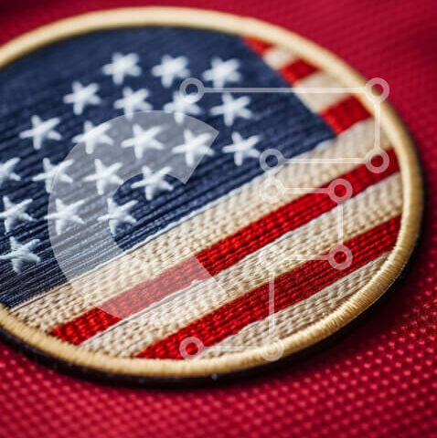 Intra Συλλεκτικό Ξύλινο Παζλ Plywood  4mm - Μικρό κυκλικό μπάλωμα αμερικανικής σημαίας σε κόκκινο ύφασμα Σε Ξύλινο Κουτί - Διαστάσεις: 10x10 cm – 25 κομμάτια - Image 1