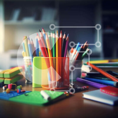 Intra Συλλεκτικό Ξύλινο Παζλ Plywood  4mm - Πολύχρωμα σχολικά είδη σε ξύλινο τραπέζι Σε Ξύλινο Κουτί - Διαστάσεις Puzzle: 10x10 cm – 25 κομμάτια - Image 1