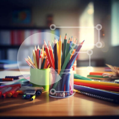 Intra Συλλεκτικό Ξύλινο Παζλ Plywood  4mm - Πολύχρωμα σχολικά είδη σε ξύλινο γραφείο Σε Ξύλινο Κουτί - Διαστάσεις Puzzle: 10x10 cm – 25 κομμάτια - Image 1