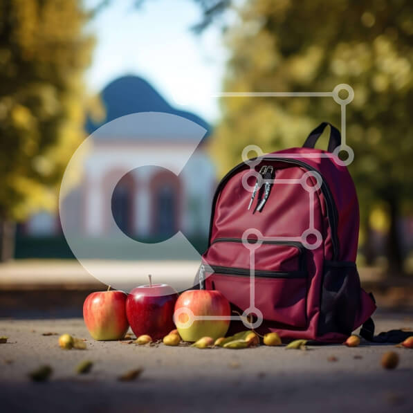 Intra Συλλεκτικό Ξύλινο Παζλ Plywood  4mm - Κόκκινο σακίδιο πλάτης και πολύχρωμα μήλα Σε Ξύλινο Κουτί - Διαστάσεις: 10x10 cm – 25 κομμάτια