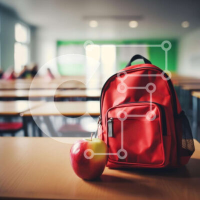 Intra Συλλεκτικό Ξύλινο Παζλ Plywood  4mm - Κόκκινο σακίδιο πλάτης και μήλο σε μια άδεια τάξη Σε Ξύλινο Κουτί - Διαστάσεις Puzzle: 10x10 cm – 25 κομμάτια - Image 1