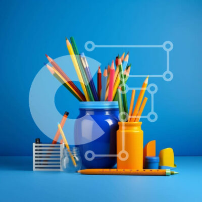 Intra Συλλεκτικό Ξύλινο Παζλ Plywood 4mm - Πολύχρωμα μολύβια και χαρτικά σε μπλε βάζο Σε Ξύλινο Κουτί - Διαστάσεις: 10x10 cm – 25 κομμάτια - Image 1